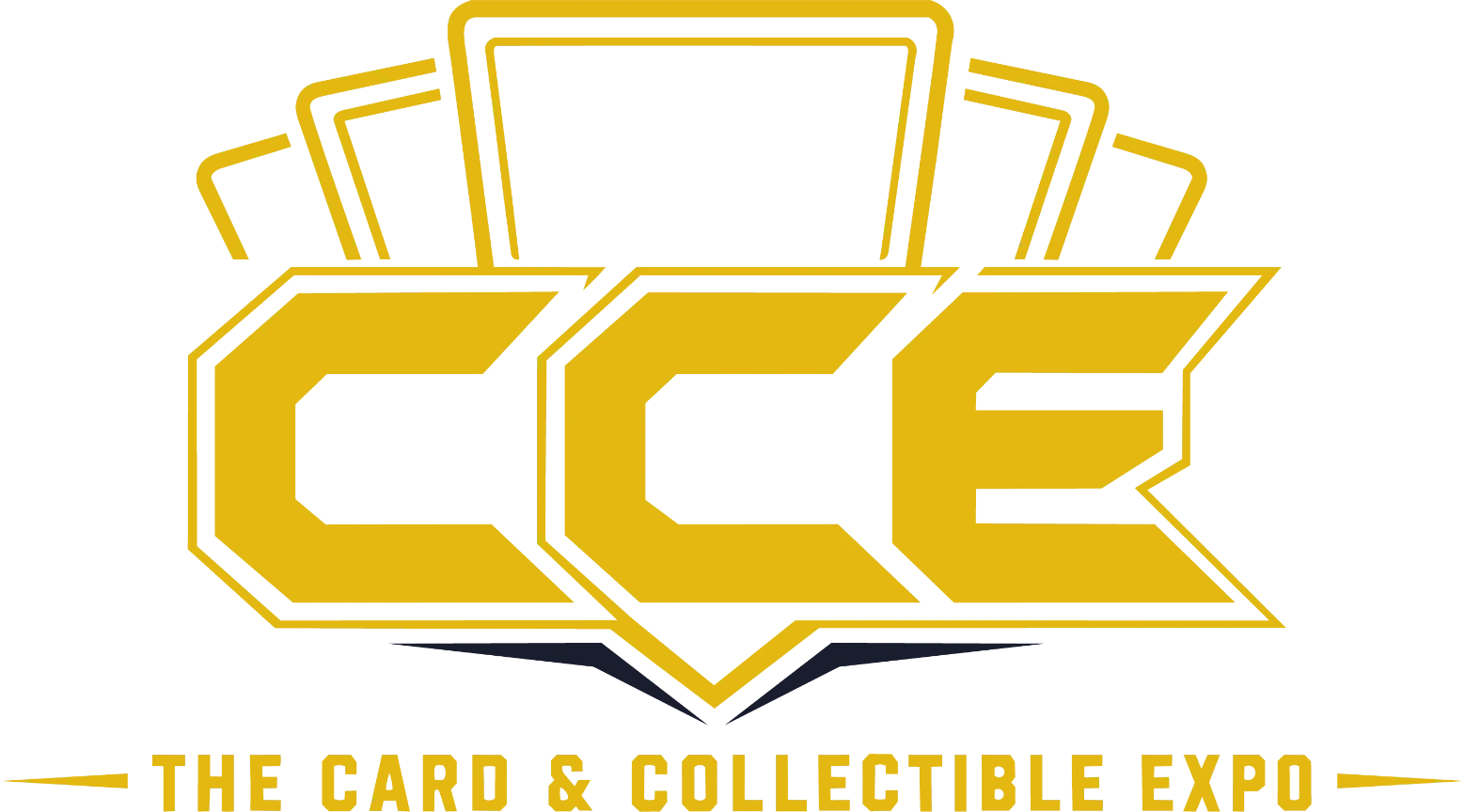 Gyldent logo for The Card & Collectible Expo med stiliserede samlekort.