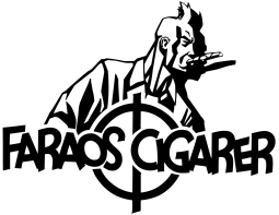 Faraos Cigarers sort-hvide logo med en tegnet figur over navnet.