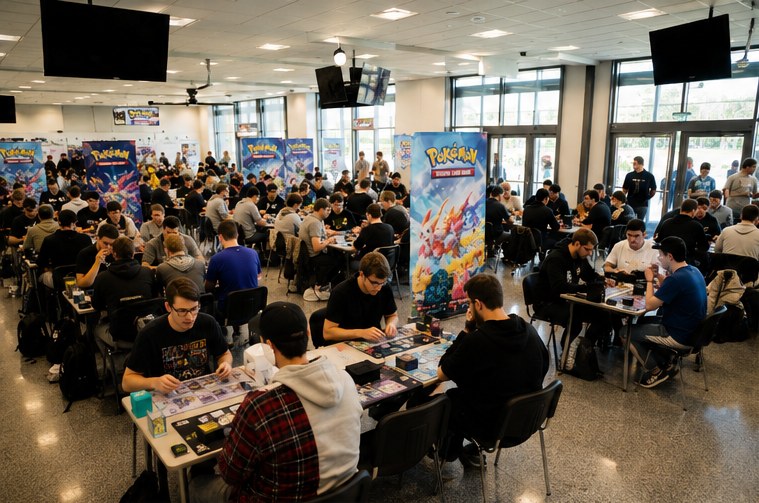 Illustrationsfoto med Pokémon-spillere ved borde i en hal.