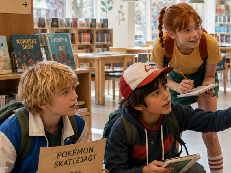 AI-genereret illustration af børn på Pokémon-skattejagt på et bibliotek.