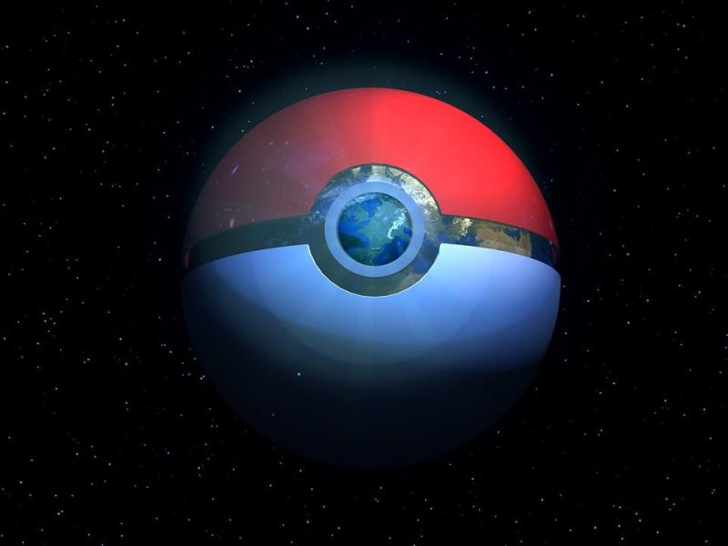 Illustration af en Poké Ball i rummet med Jorden i midten.