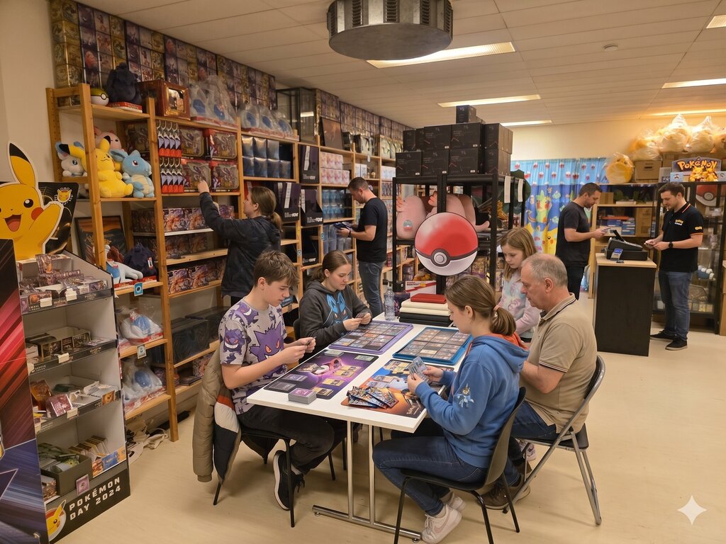Børn og voksne med Pokémon-kort ved et bord i Papklubben.