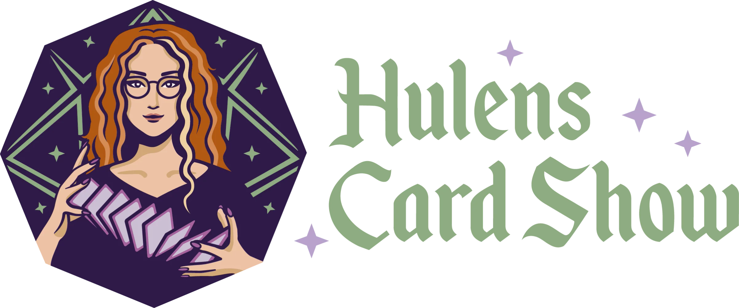 Logo for Hulens Card Show med en illustreret figur, som holder samlekort.
