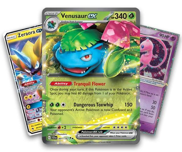 Illustration med tre Pokémon-kort, herunder Venusaur ex, fra Matraws’ hjemmeside.